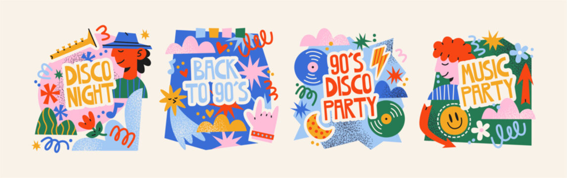 90s disco music posters in retro cartoon style. Typography cards with characters, vinyl records and playful shapes, bright nostalgic party mood, expressive lettering and graphic compositions 