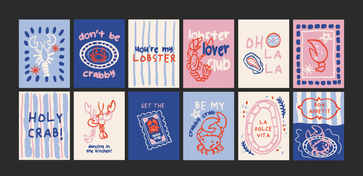 Seafood posters beach coast ocean in minimalist style. Wall decor, trendy banners of lobster, crab, oyster in the cartoon style. Decor of wallpaper, walls, print and postcard