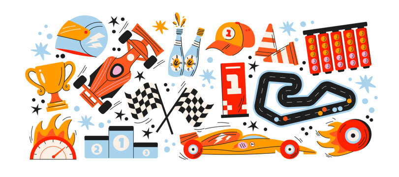 Racing cars and motorsport sticker set in retro cartoon style. Speed, trophy, flags, helmet, gloves and cones for auto competition and championship design. Sport collection about drive and victory