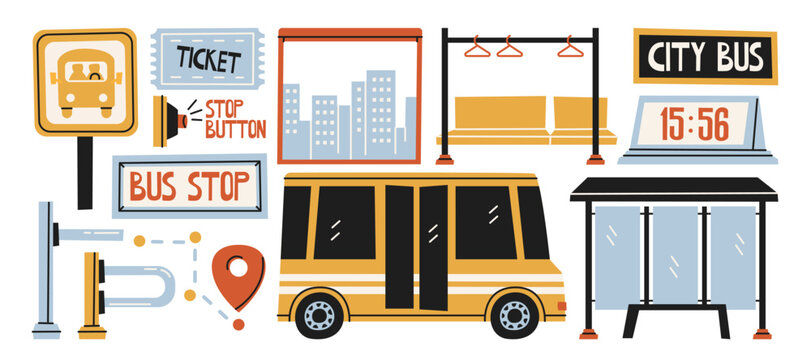 City bus stop stickers in retro cartoon style. Urban transport elements: city bus, bus shelter, ticket sign, route board, stop button. Public transport concept for navigation, travel and city services