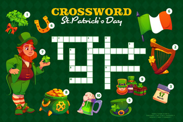 Crossword quiz game grid with irish leprechaun and St Patrick's day holiday objects. Saint Patrick vector crossword quiz game worksheet with Ireland flag, pot of gold, golden horseshoe and sweets