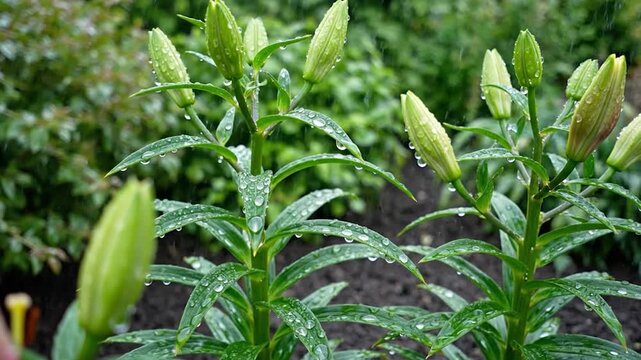 Close-up of vibrant green lily buds and leaves covered in glistening raindrops
