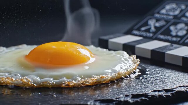 fried egg nutrition - A perfectly cooked fried egg rests on a slate surface, steam gently rising, framed by a contrasting black and white checkerboard pattern