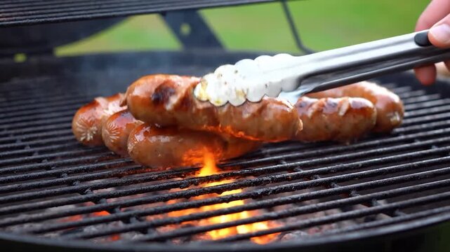 Many plump sausages sizzling on a hot barbecue grill while being turned with tongs