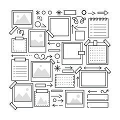 Photo Collage Template Elements With Pictures Notes And Arrows Keywords: photo collage, template, pictures, frames, notes, sticky notes, tape, arrows, circles, stars, lines, graphic, illustration