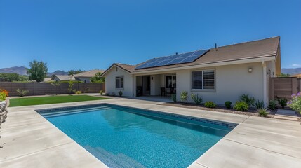 Fototapeta premium Modern suburban luxury home with sparkling blue swimming pool in sunny backyard oasis