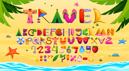 Fototapeta premium Summer font, travel vacation cartoon typeface letters. Playful beach alphabet abc characters, symbols and and numbers crafted from fruits, swimsuits, beachwear, umbrellas, sandcastles and ocean motifs