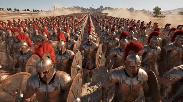 Vast ancient army in bronze armor and red plumes marches across a dusty, arid landscape