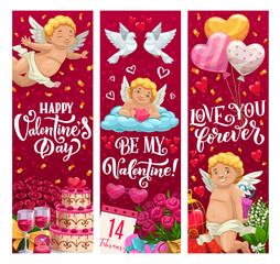 Naklejka premium Valentines day banners featuring cherubs, hearts, roses, gifts, doves, love dates, balloons and romantic elements. Vector holiday vertical greeting cards display elegant typography and festive decor