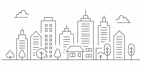 Fototapeta premium Minimalist line art depicting a city skyline with trees and clouds