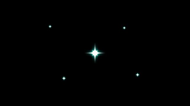 Twinkling stars sparkle animation with energetic glitter motion, flat vector doodle star elements, shining light trails on black screen background for festive overlays and dynamic video projects