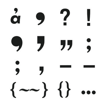 Collection of punctuation marks and symbols in black on a white background comma period
