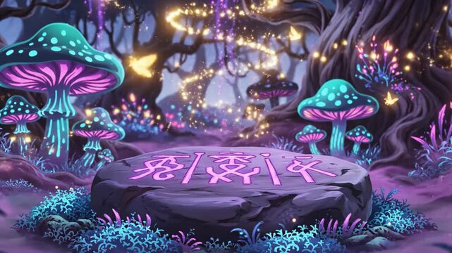 Enchanted Pixel Art Forest With Glowing Mushrooms And Mystical Rune Stone