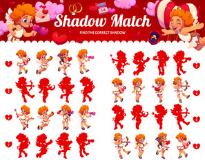 Naklejka premium Find correct shadow of Valentine cherub cupids with love hearts, vector worksheet for kids. Quiz puzzle game to find same shadow of picture with funny cupid angel characters with Valentine love hearts