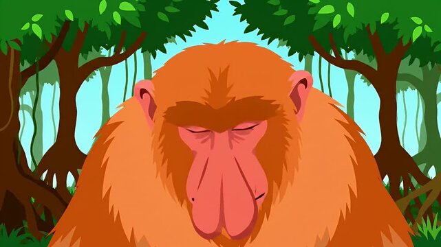 Animated Proboscis Monkey Close Up in Jungle Cartoon
