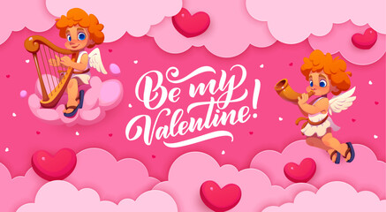 Fototapeta premium Paper cut Valentine day banner with cherub cupids in pink clouds, cartoon vector. Cheerful cupid cherubs or angels with harp and love hearts in paper cut clouds sky for Be My Valentine greeting quote