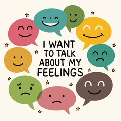 Fototapeta premium emotive speech bubble circle with expressive faces and central message for mental health and emotional branding