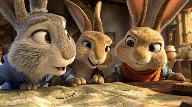 Peter Rabbit and his sisters Flopsy, Mopsy, and Cottontail looking at a map, planning their next adventure.