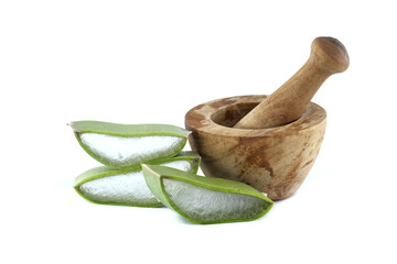 Aloe vera slices with rustic mortar on white background