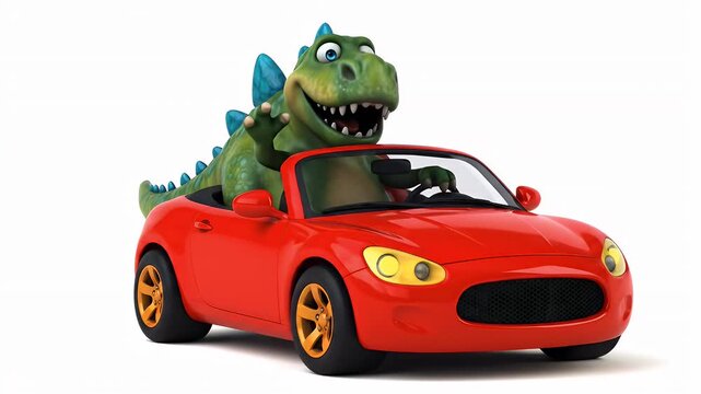 Cartoon Dinosaur Driving Red Convertible Waving Hello