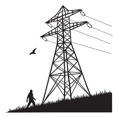 Man walking on a hill beneath a massive electrical transmission tower silhouette