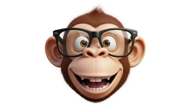 3D render of a cute cartoon monkey head with brown fur and black glasses, smiling broadly, isolated PNG with Transparent Background