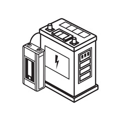 Line drawing illustration of a large vehicle battery connected to a smaller battery