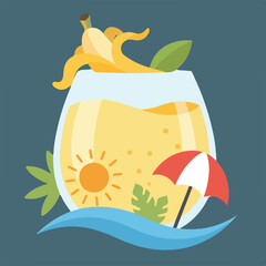 A vibrant vector illustration of a tropical cocktail in a glass with a peeled banana, featuring a miniature beach scene with sun, palm leaves, umbrella, and waves.