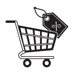 Simple hand drawn sketch of a shopping cart with a percentage discount tag