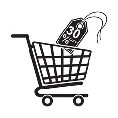 Black and white line art illustration of a shopping cart with a 30 percent off discount tag