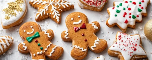 Naklejka premium A festive assortment of gingerbread cookies shaped like gingerbread men, snowflakes, and holiday-themed decorations, adorned with colorful icing and sprinkles.