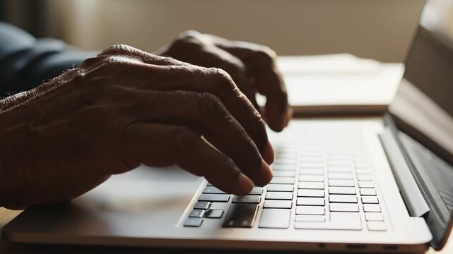 Person typing on a laptop keyboard with their hands on a desk indoors 4k video