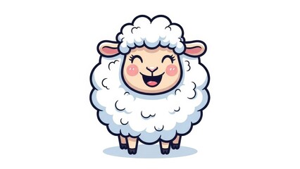 Fototapeta premium Happy Cartoon White Sheep with Fluffy Wool on White Background