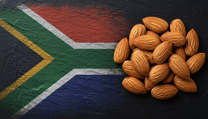 A group of healthy almonds lies beside the colorful national flag of South Africa on dark stone.