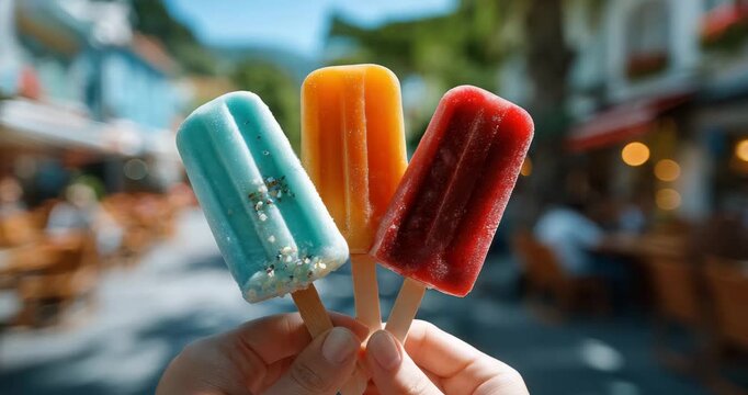 Colorful popsicles in hand on a sunny street