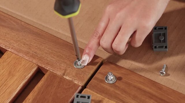 Close Up of Hands Using Screwdriver to Assemble Wooden Furniture