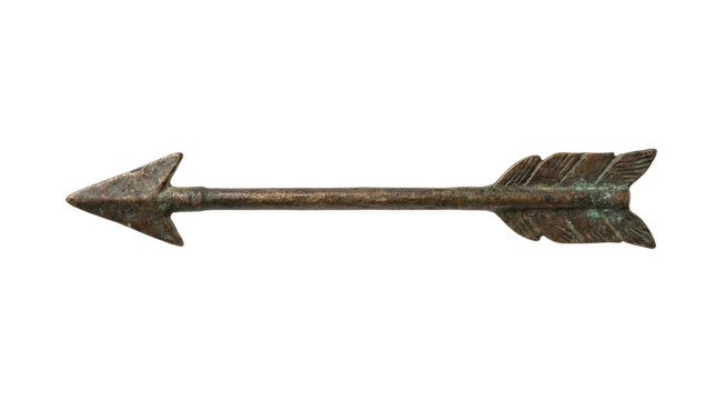 Antique bronze arrow side view isolated. Ancient weapon artifact.