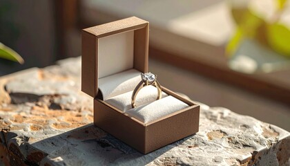 Fototapeta premium A golden jewelry box decorated with a red ribbon bow serves as a luxury wedding gift or a surprise Valentine's celebration present containing a diamond ring and fine jewellery