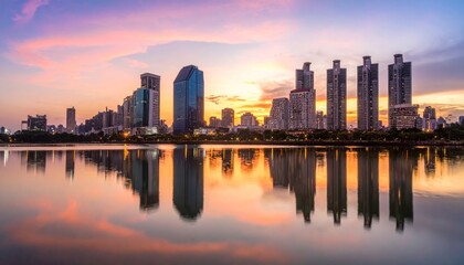 Fototapeta premium Urban cityscape panorama featuring a vibrant sunset and sunrise reflection over the river and lake water with a downtown building skyline and skyscraper view
