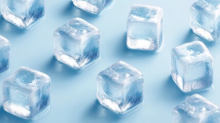 Obraz premium Translucent Ice Cubes with Frosty Surface on a Light Blue Background Freshness Theme