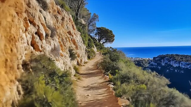 Coastal Hiking Trail Winding Up a Rocky Cliff