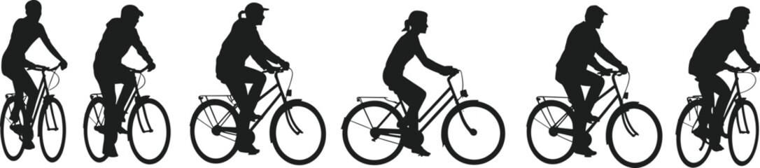 Obraz premium Silhouettes of men and women riding bicycles in various outdoor positions, symbolizing healthy lifestyle, exercise, transportation, mobility, freedom, sport, fitness and modern urban cycling culture