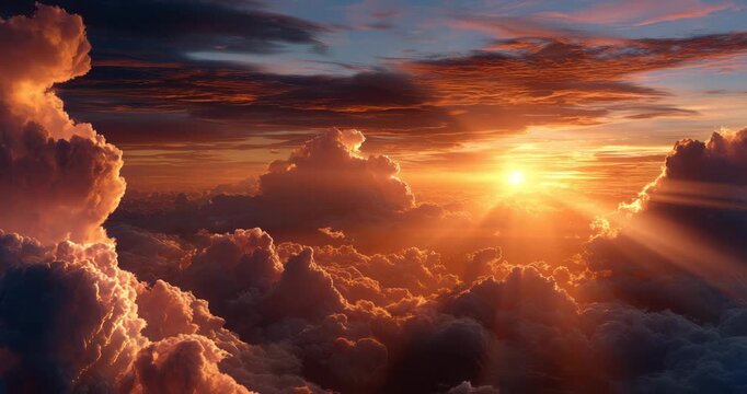Vibrant sunset above fluffy clouds with warm golden light