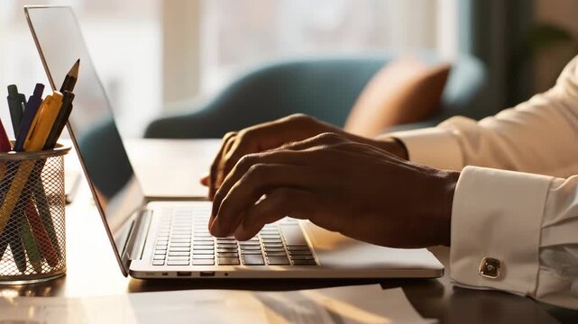 Person typing on laptop with pencils and blurred background 4k video