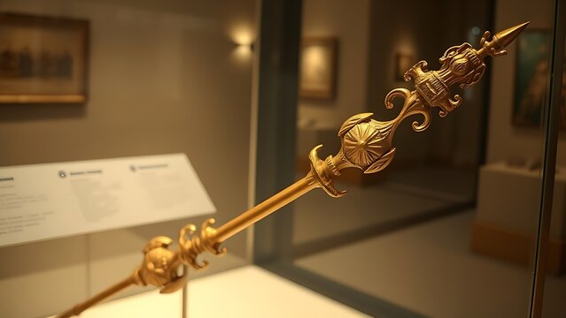 glaive. A ceremonial gilded glaive with carved shaft displayed in a museum. event programs, museum guides, designed for cultural heritage projects and event programs, preserves heritage.