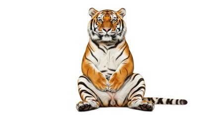 Obraz premium Front view of a sitting Bengal tiger with orange and black stripes on a white background
