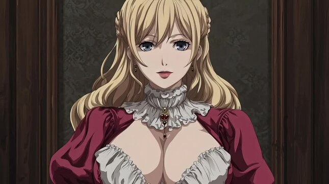 3D Animation of Busty Anime Woman in Victorian Era Wearing Luxurious Dress with Elegant Pose