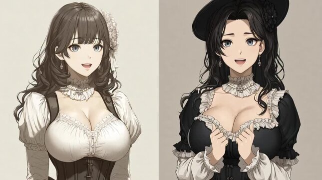 3D Animation of Busty Anime Woman in Victorian Era Wearing Luxurious Dress with Elegant Pose