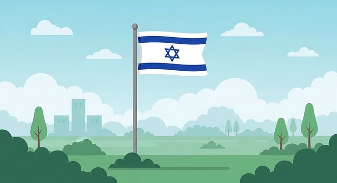 A flat vector illustration of the Israeli flag waving on a pole against a peaceful green park and city skyline