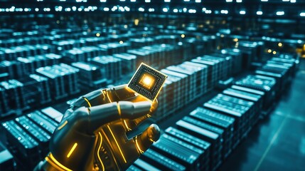 Obraz premium Strong Contrast Image: Future Quantum Chip Held in Hand Lighting Up Old Supercomputer Hall